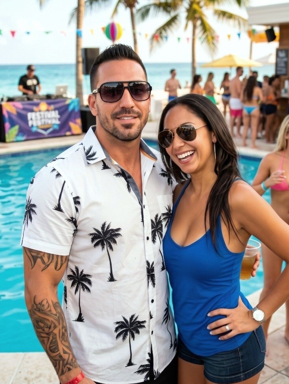 Men's White Short-Sleeve Button-Down Shirt with Black Palm Print